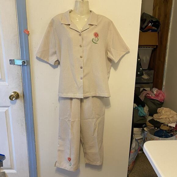 HABAND 2Piece Travel Lounge Set Top Pullon Capri LP Vintage Ivory Olive Striped - Picture 7 of 11